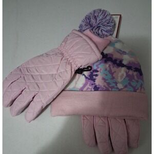Capelli Pink Hat and Quilted Ski Gloves Set Floral Pom Pom Winter Warm